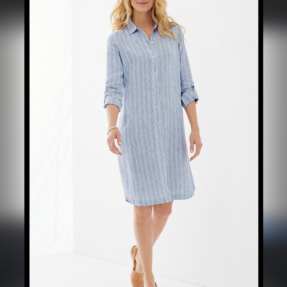 J. Jill 100% Linen Shirt Dress Blue Striped Long Sleeve Size S Small